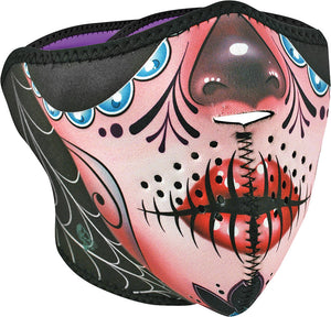 Neoprene Half Mask Sugar Skull/Purple Reversible
